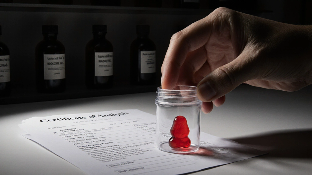 Hand legt ein THC-Gummibärchen in kindersichere Verpackung neben Rezept und Laborzertifikat.