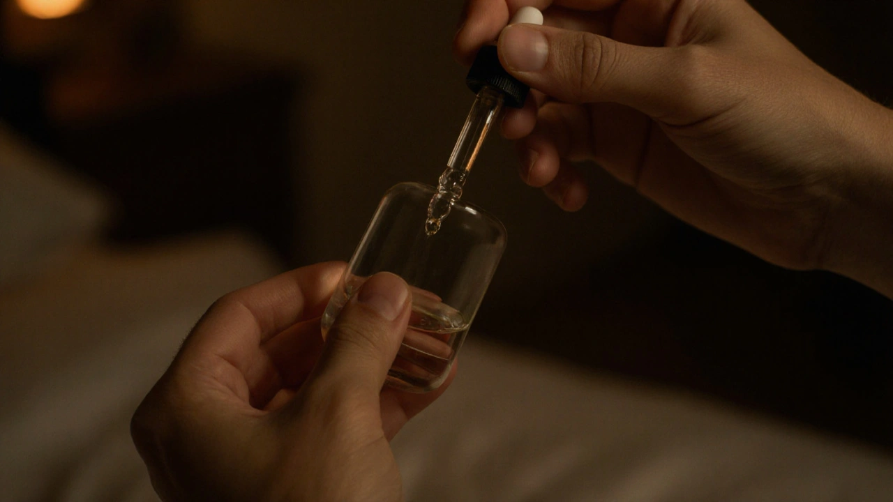 Hände geben CBG-Öltropfen unter die Zunge, abendliche Zimmerbeleuchtung, fokussierte Details.