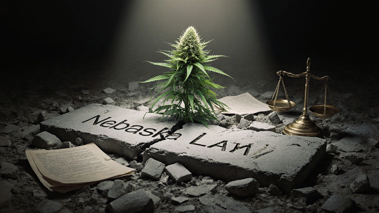 Hanfblüte wächst durch betoniertes Gesetzsschild, Gerichtswaage bricht