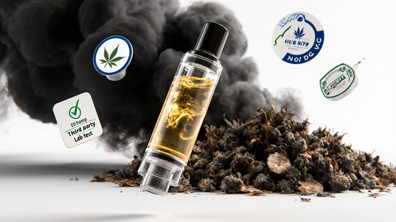 Hochwertige CBD-Cartridge mit Zertifikaten, im Kontrast zu verbrennenden CBD-Blüten.