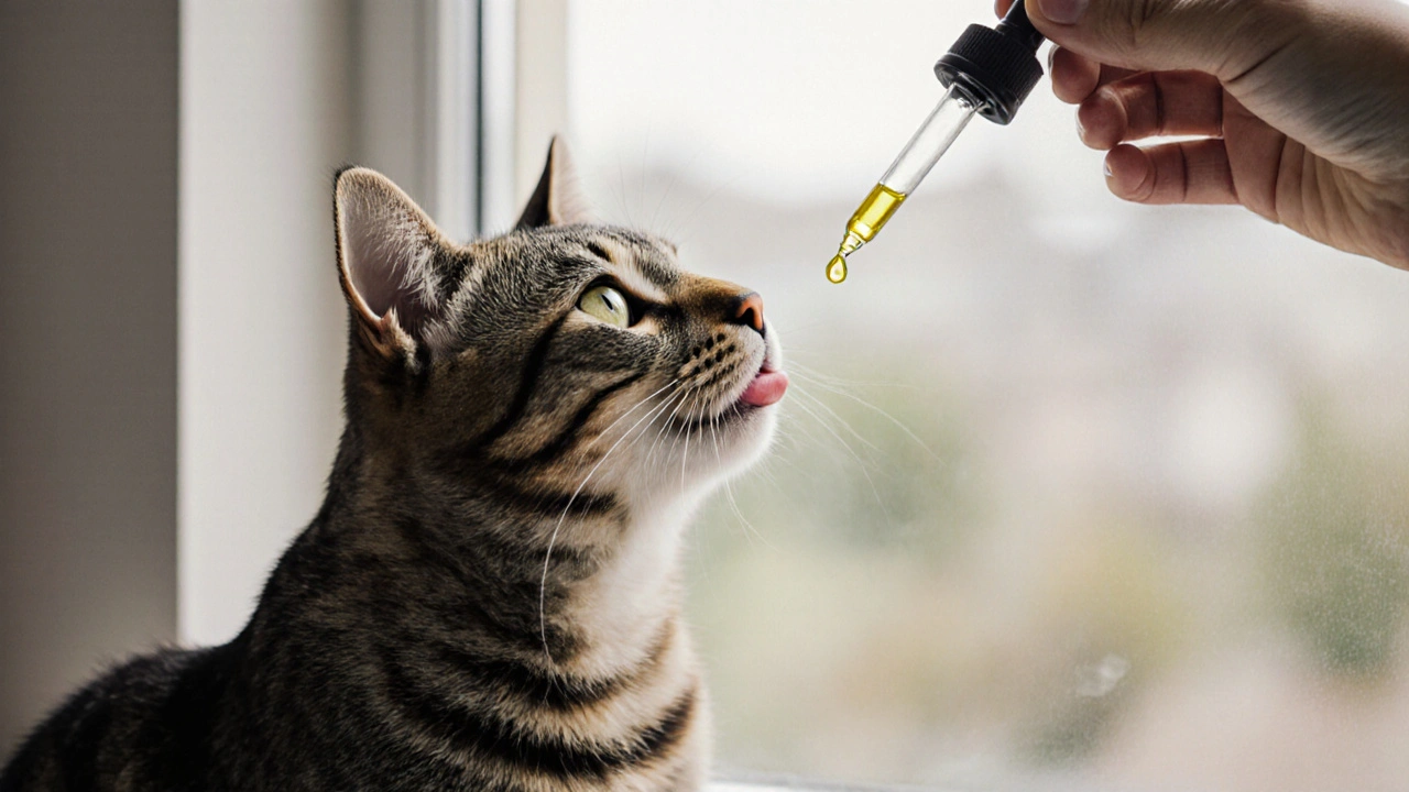 Katze erhält vorsichtig CBD-Öltropfen mit Pipette