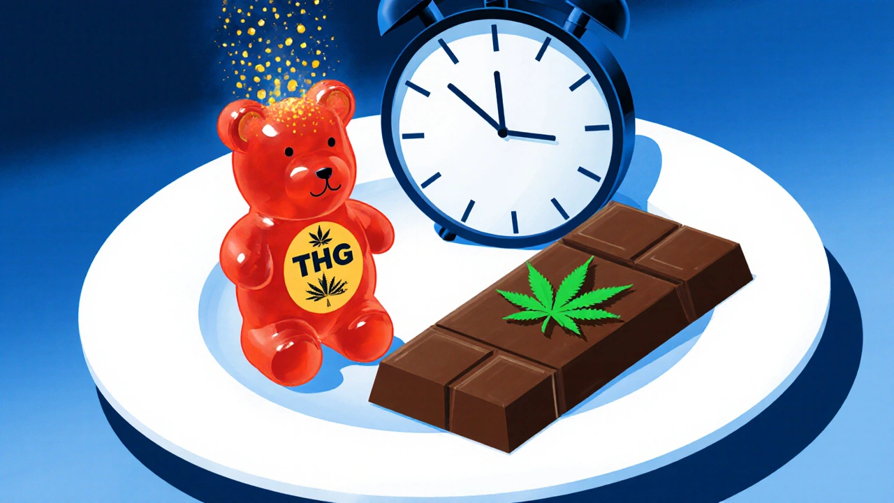 Kontrastierende essbare Cannabis-Produkte: THC-Gummibärchen und CBD-Schokolade auf weißem Teller.
