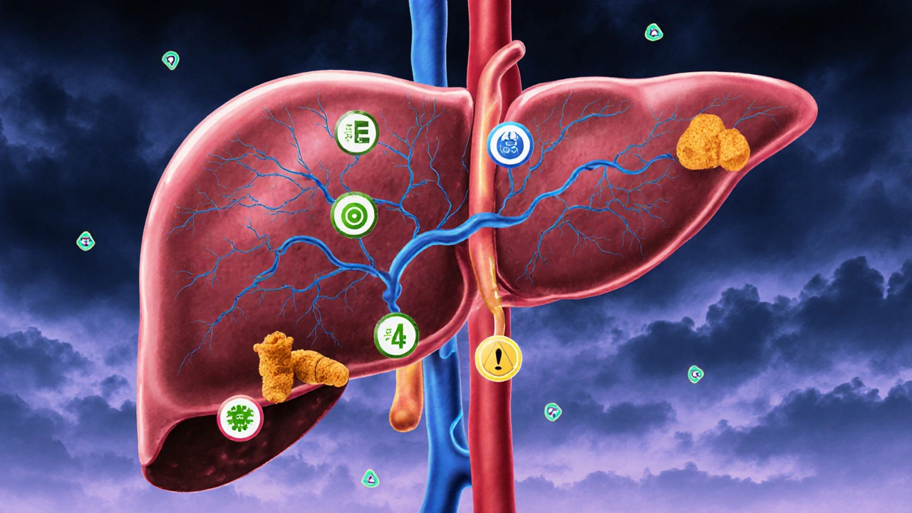 Künstlerische Darstellung einer Leber mit konkurrierenden Enzymen, die durch CBD und pflanzliche Extrakte überlastet sind.