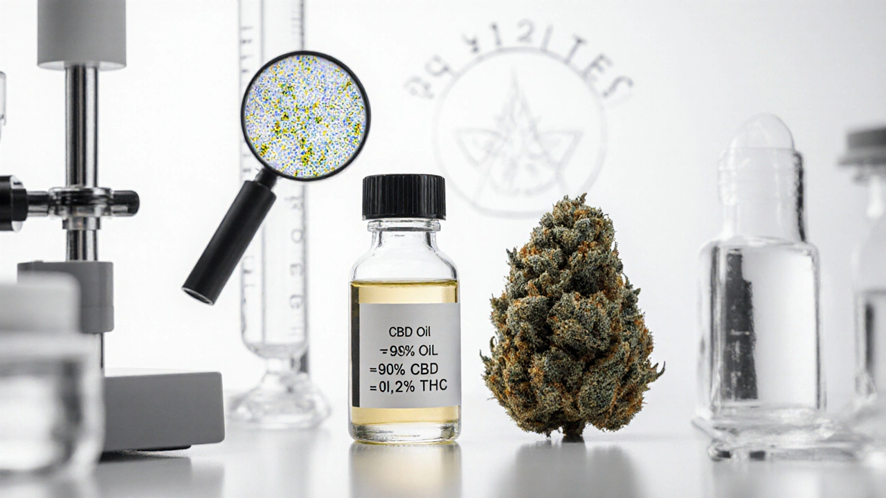 Laborbank mit CBD-Öl und THC-haltiger Blüte, umgeben von analytischen Geräten.