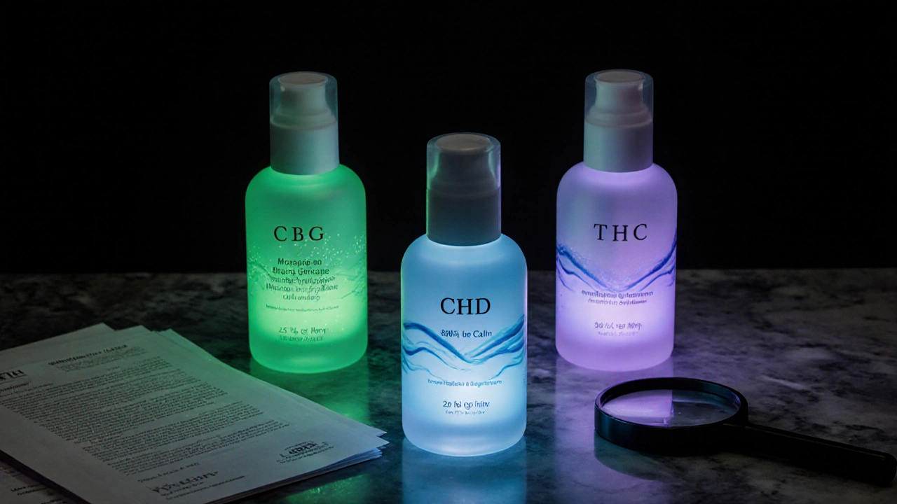 Luxus-Hautpflegeflaschen mit CBG, CBD und THC – visuelle Unterschiede in Licht und Wirkung.