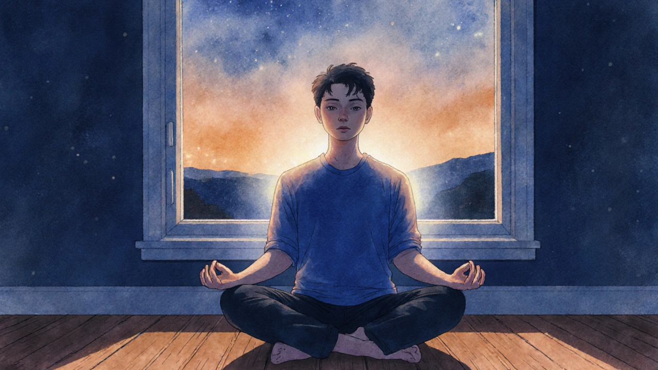 Mensch meditiert in friedlicher Haltung, umgeben von beruhigender Abendbeleuchtung.