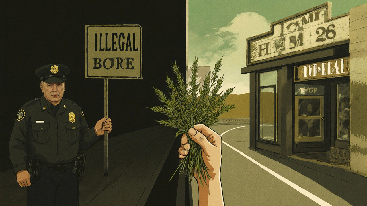 Person an Staatsgrenze mit Hanfblüte, Polizist und legaler Laden gegenüber
