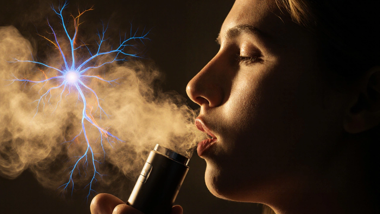 Person atmet Dampf aus einem CBD-Vaporizer, der sich in sanft leuchtende Nervenbahnen verwandelt.