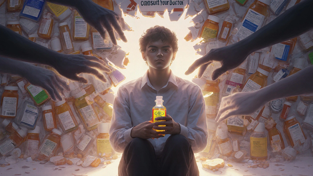 Person hält CBD-Öl, während schattenhafte Medikamente wie Geister nach ihr greifen, ein Weg mit &#039;Arzt konsultieren&#039; leuchtet.