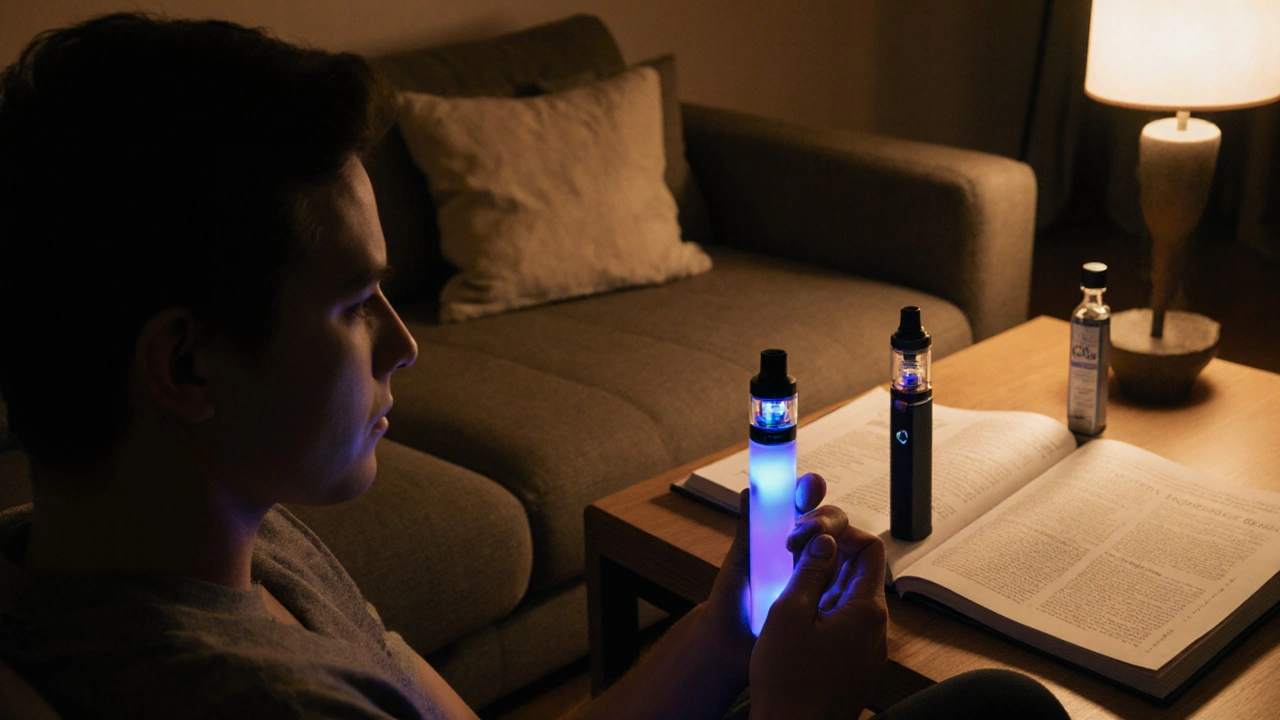 Person hält Delta-11-Vape, neben ihr CBD- und H4CBD-Produkte