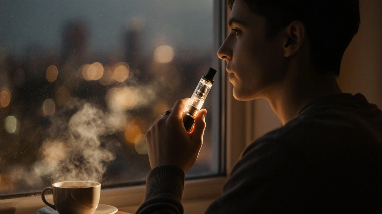 Person in ruhiger Abendatmosphäre, entspannt mit einem CBD-Vape-Gerät, keine Anzeichen von Rausch.