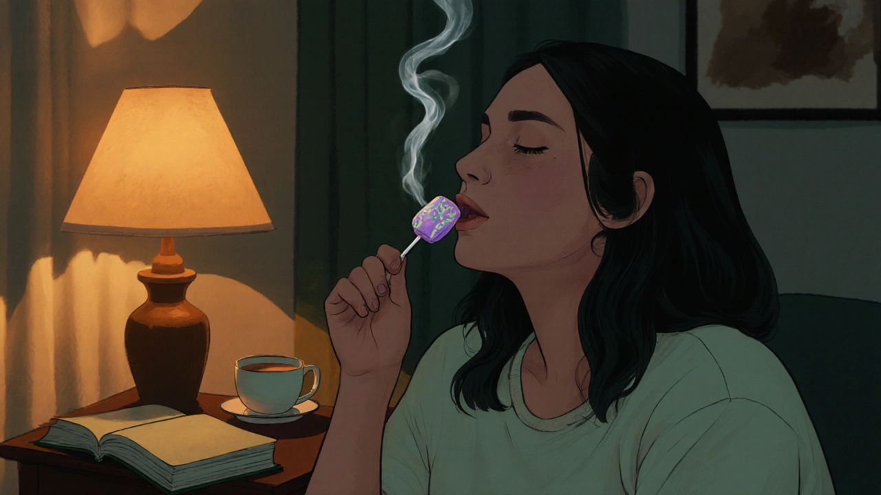 Person lutscht langsam einen CBD-Lutscher in einem ruhigen, abendlich beleuchteten Raum.