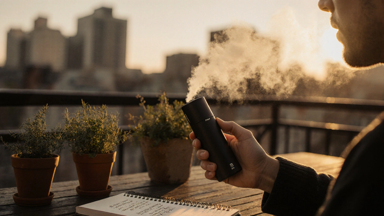 Person verwendet einen Vaporizer auf einem Balkon, sanfter Dampf steigt auf, kein Rauch.