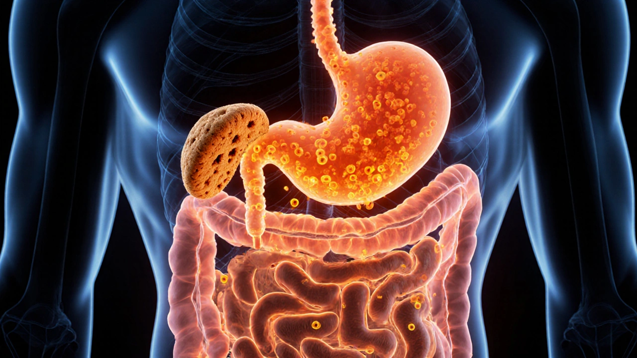 Schematische Darstellung des Verdauungstrakts mit leuchtenden THC-Molekülen, die in der Leber in eine stärkere Form umgewandelt werden.