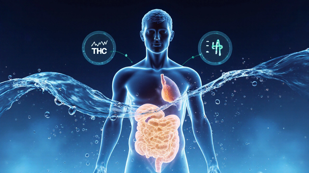 Schematische Darstellung von THC-Freisetzung und Wasser, das körperliche Symptome lindert.