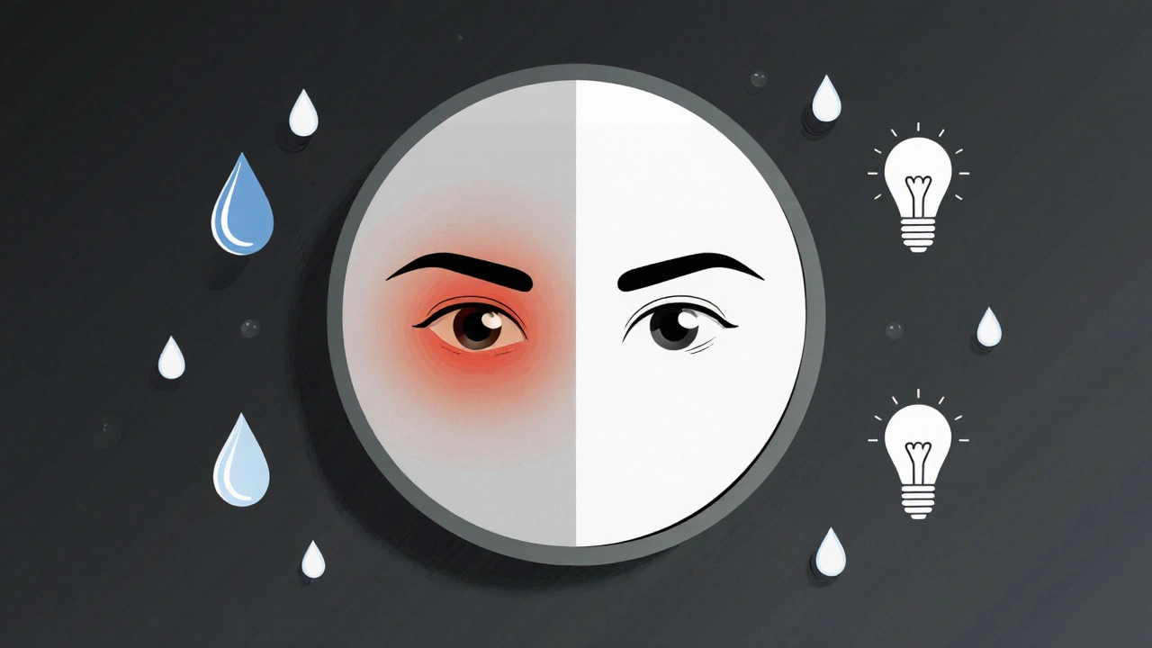 Spiegelbild zweier Augen: eines beeinträchtigt durch HHC, eines gesund, mit Symbolen für Linderung.