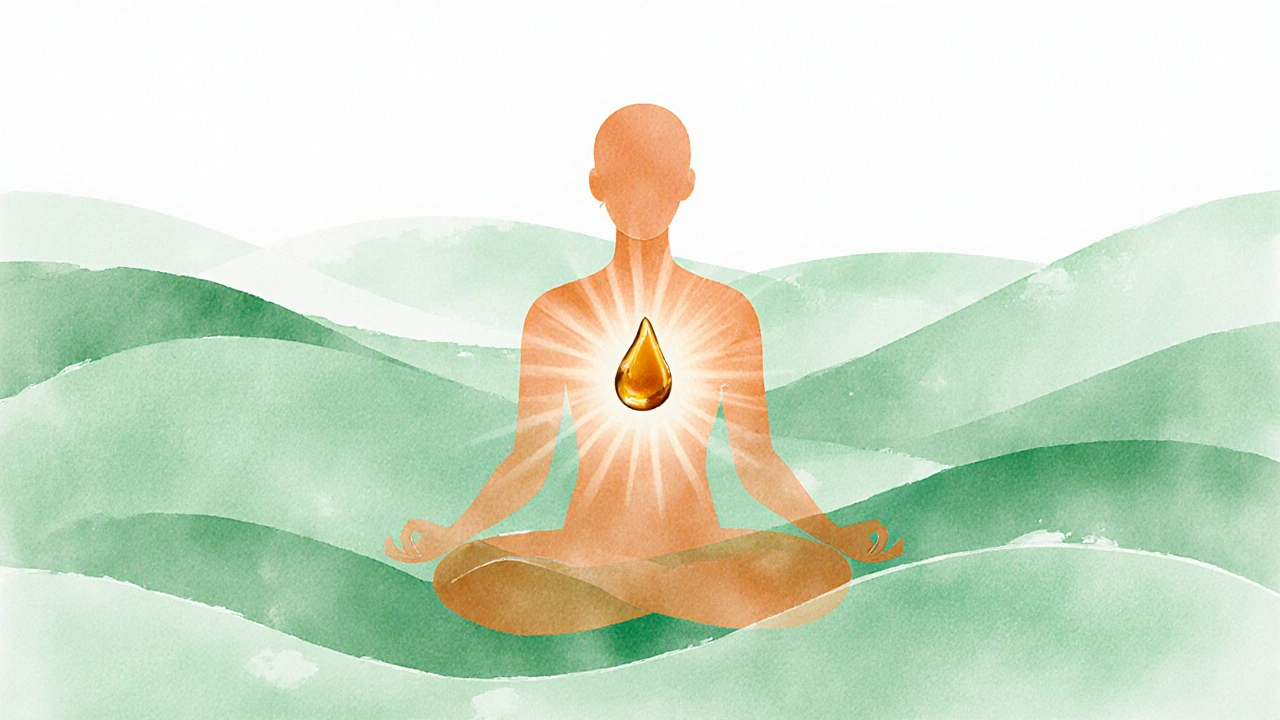 Stille Silhouette, umgeben von beruhigendem Licht, das CBD-Wirkung symbolisiert.