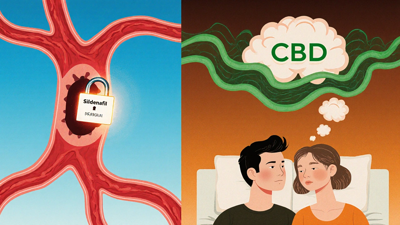 Symbolische Darstellung: Viagra öffnet eine Blutgefäßerweiterung, CBD löst mentale Spannungen in einem ruhigen Paar.