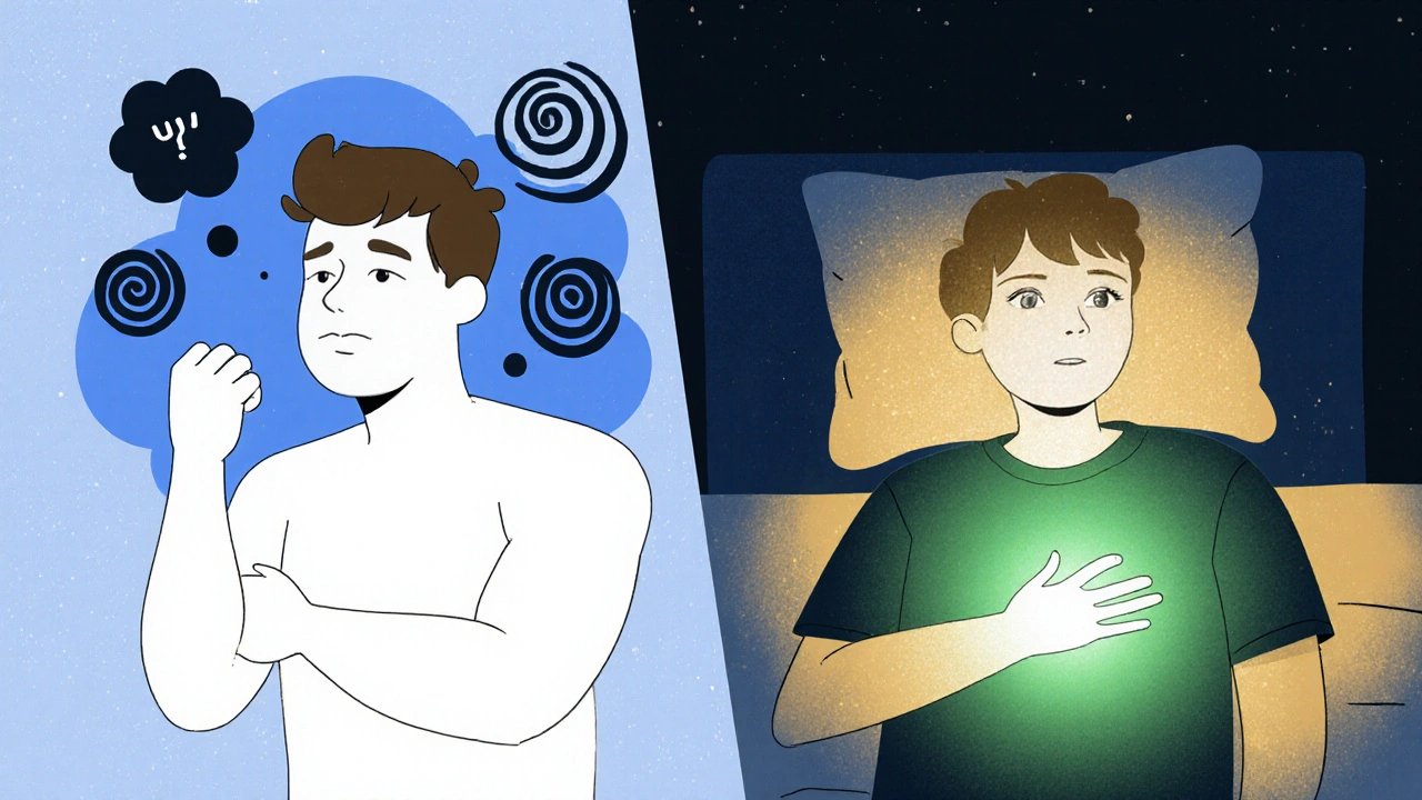 Vergleich: angespannter Mensch vor dem Schlafengehen vs. entspannter Mensch mit beruhigendem Licht.