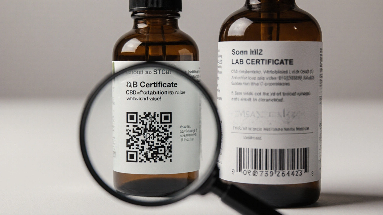 Vergleich von hochwertigem CBD-Öl mit Laborzertifikat und unklarem Produkt.