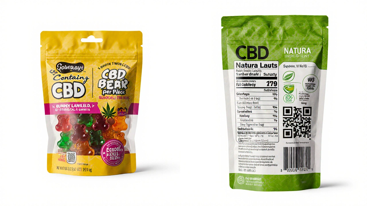 Vergleich zweier CBD-Gummibärchen-Verpackungen: eine mit unklarer Kennzeichnung und eine mit klarem CBD-Gehalt, Laborbericht und natürlichen Zutaten.