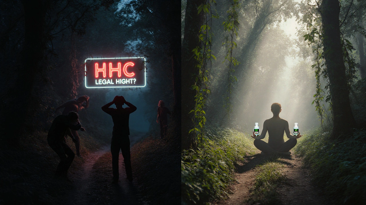 Waldpfad mit dunklem, gefährlich wirkendem Weg für HHC und friedlichem, sonnigen Pfad für H4CBD, ohne Texte.