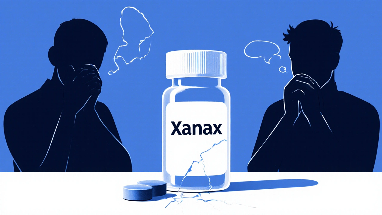 Xanax-Tablette neben einer gebrochenen Rezeptflasche mit Symptomen von Entzug.