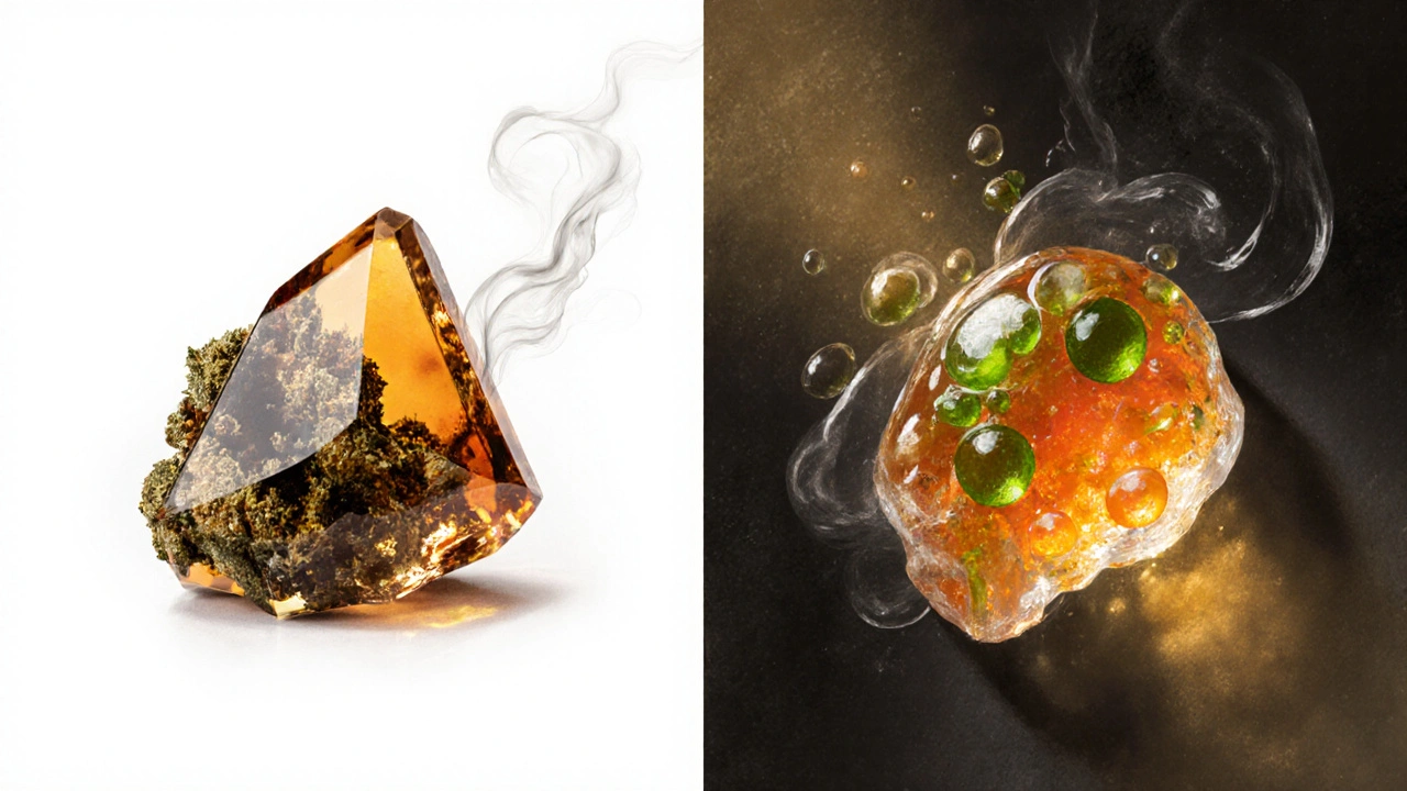 Zwei Cannabis-Konzentrate verglichen: Shatter links, Live-Resin rechts mit glitzernden Terpenen.