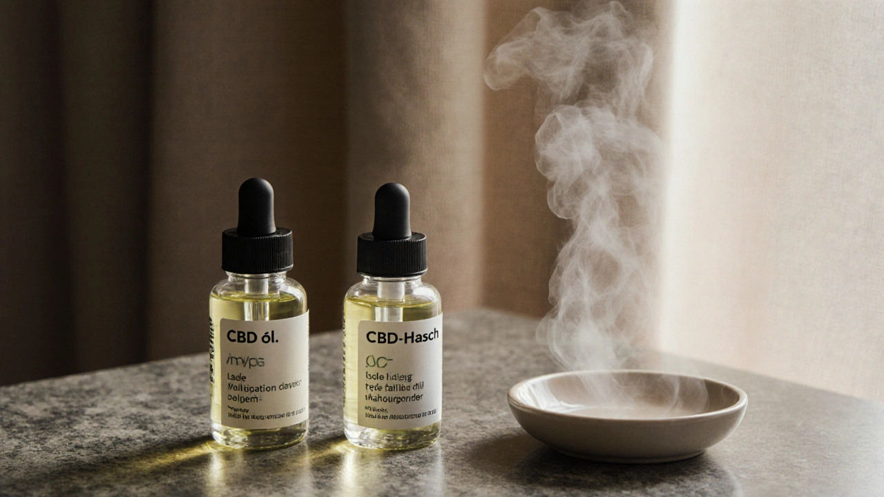 Zwei CBD-Formen nebeneinander: Ölflasche und CBD-Hasch mit leichten Dämpfen.