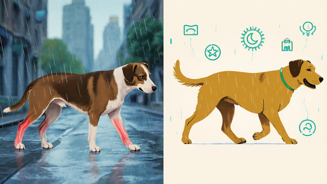 Zwei Hunde: einer mit Lahmheit, der andere fröhlich spazierend – Vergleich nach CBD-Behandlung.