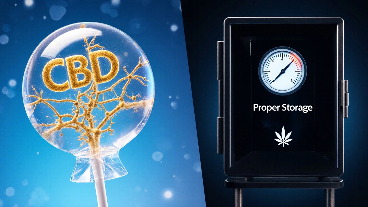 Zwei Seiten eines CBD-Lutschers: eine mit CBD-Molekülen im Mund, die andere in kühler, geschützter Lagerung.