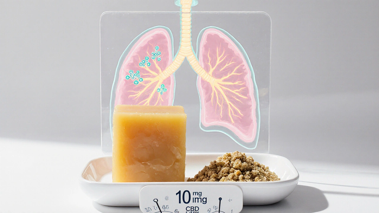 Zwei Texturen von CBD-Konzentrat: wachsartig und krümelig, mit Dosierungsmessskala.