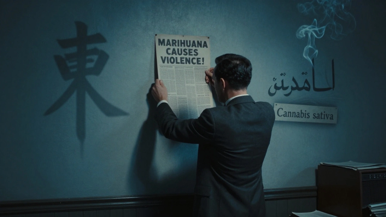 1930er Zeitungsredaktion mit propagandistischen Headlines und verschwindenden historischen Namen.