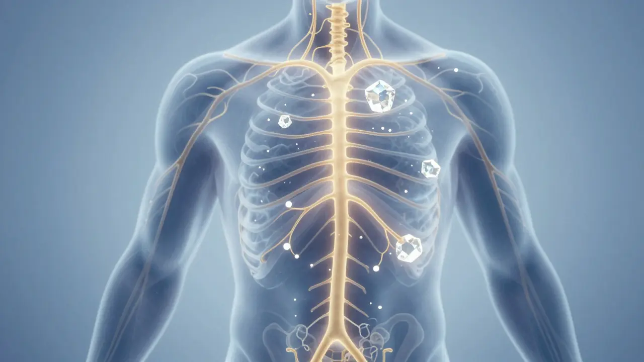 Abstrakte Darstellung des Endocannabinoid-Systems mit CBD-Kristallen