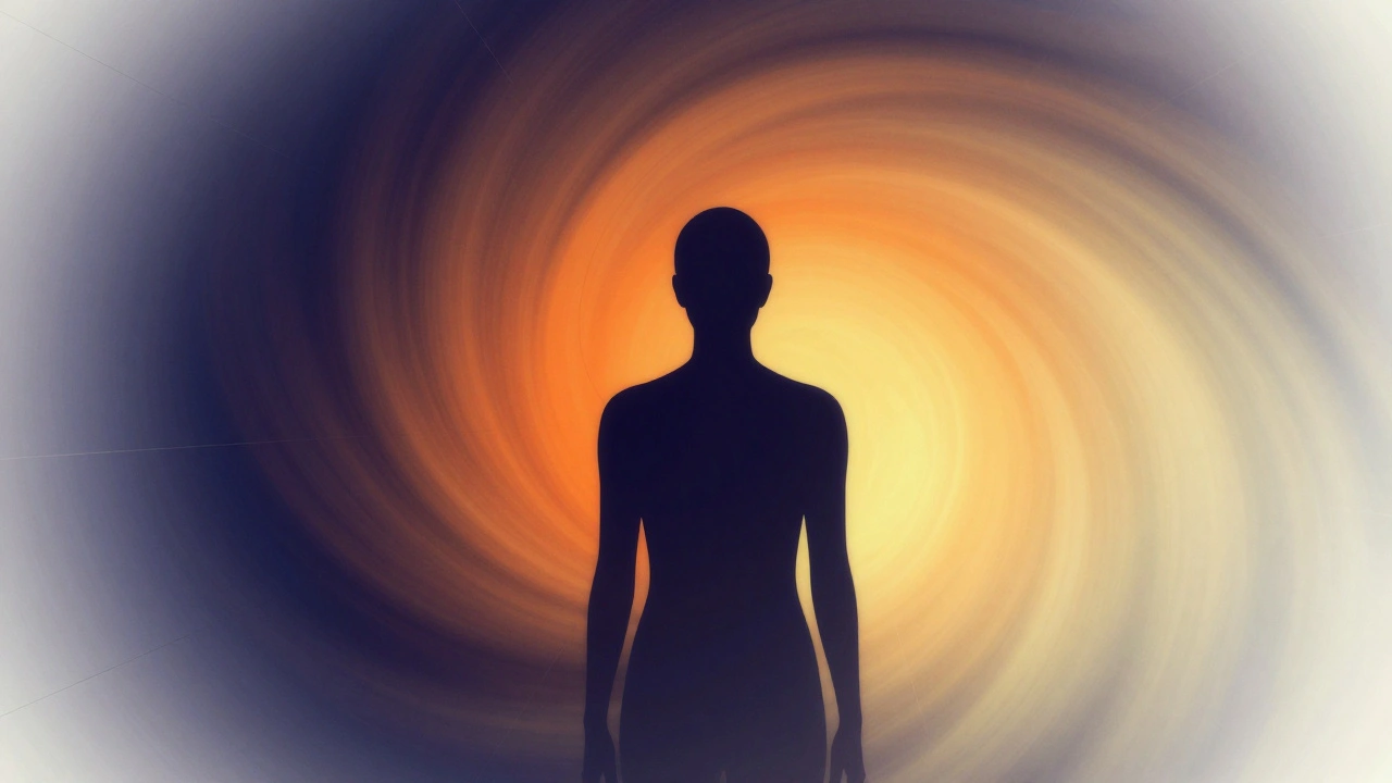 Abstrakte Silhouette mit farbigen Wellen für Entspannung und Energie, keine Texte.