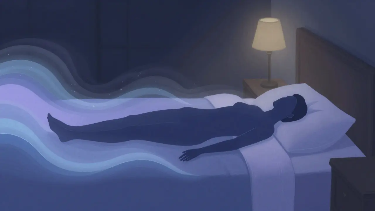 Abstrakte Silhouette schwebt über einem Bett, umgeben von blauen und lila Energiewellen, symbolisch für CBD-Beruhigung.