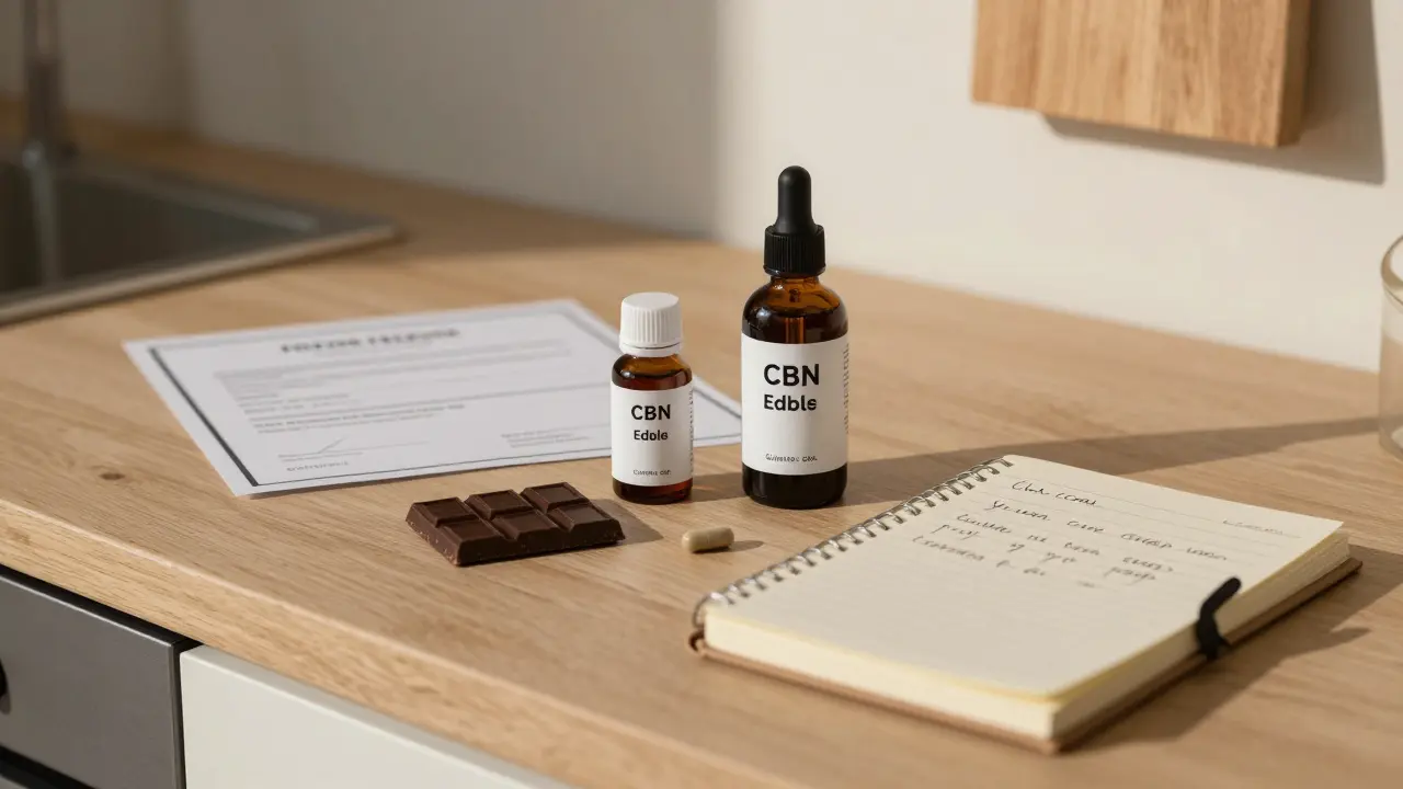 CBN-Edibles auf Holzoberfläche mit Analyse-Zertifikat und Schlafjournal