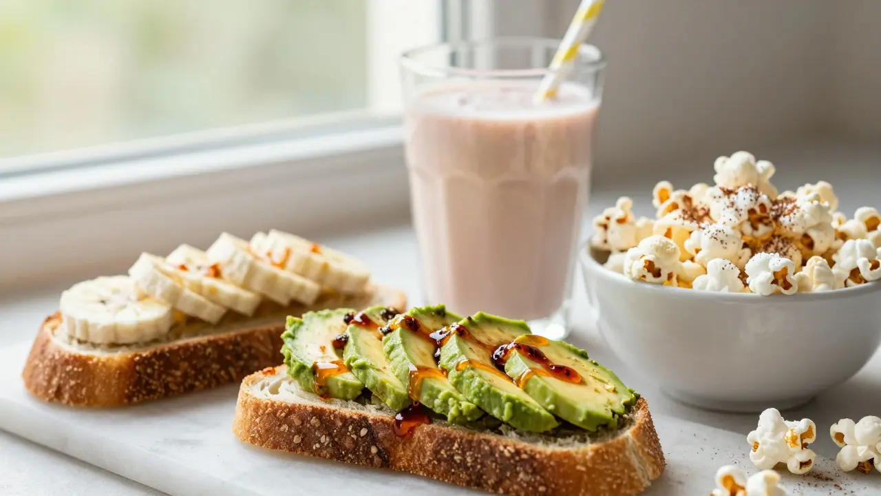 Drei ausgewählte Snacks – Avocado-Brot, Smoothie und Popcorn – in natürlichem Licht arrangiert.