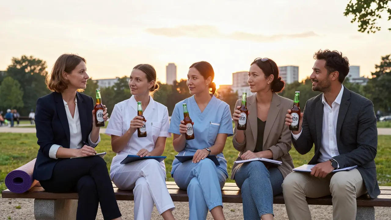 Drei Berufstätige entspannen mit CBD-Bier auf einem Parkbank, abendliches Licht, alkoholfrei.