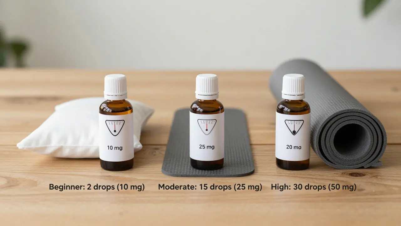 Drei CBD-Flaschen mit unterschiedlichen Dosierungen und zugehörigen Symbolen.