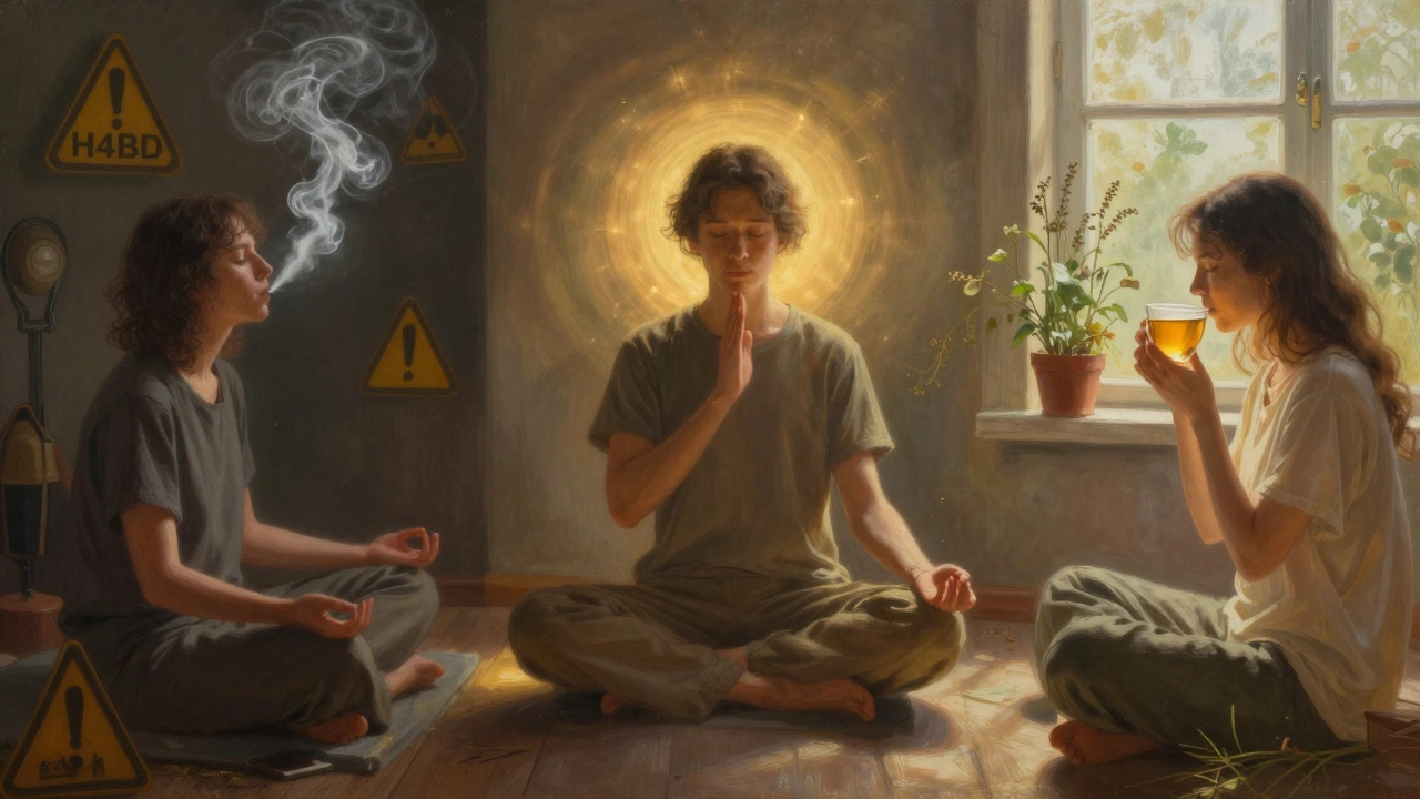 Drei Wege zur Entspannung: H4CBD-Rauch, Atemmeditation und Valeriantee in harmonischer Szene