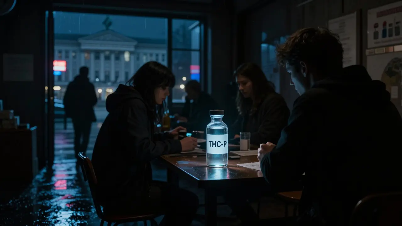 Ein dunkler Markt mit einer leuchtenden THCP-Flasche, im Hintergrund ein Laborgebäude.