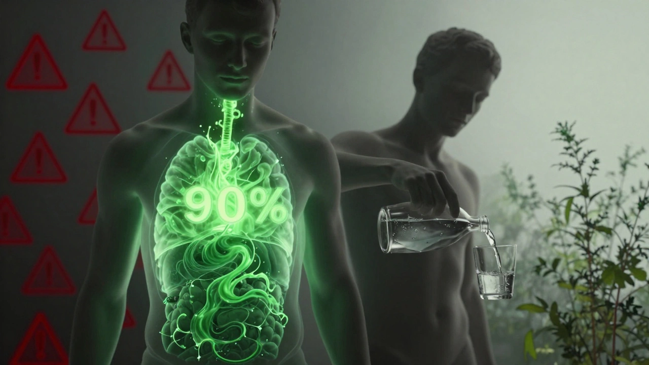 Ein menschliches Silhouett mit brennendem Absinth im Körper neben einer ruhigen Zubereitung.