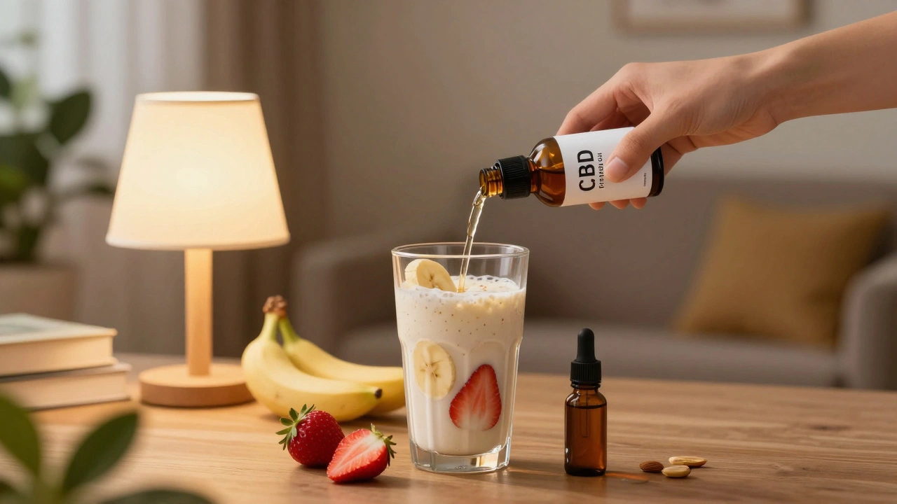 Ein Smoothie mit Cannabis-Tinktur wird in einem gemütlichen Raum zubereitet.