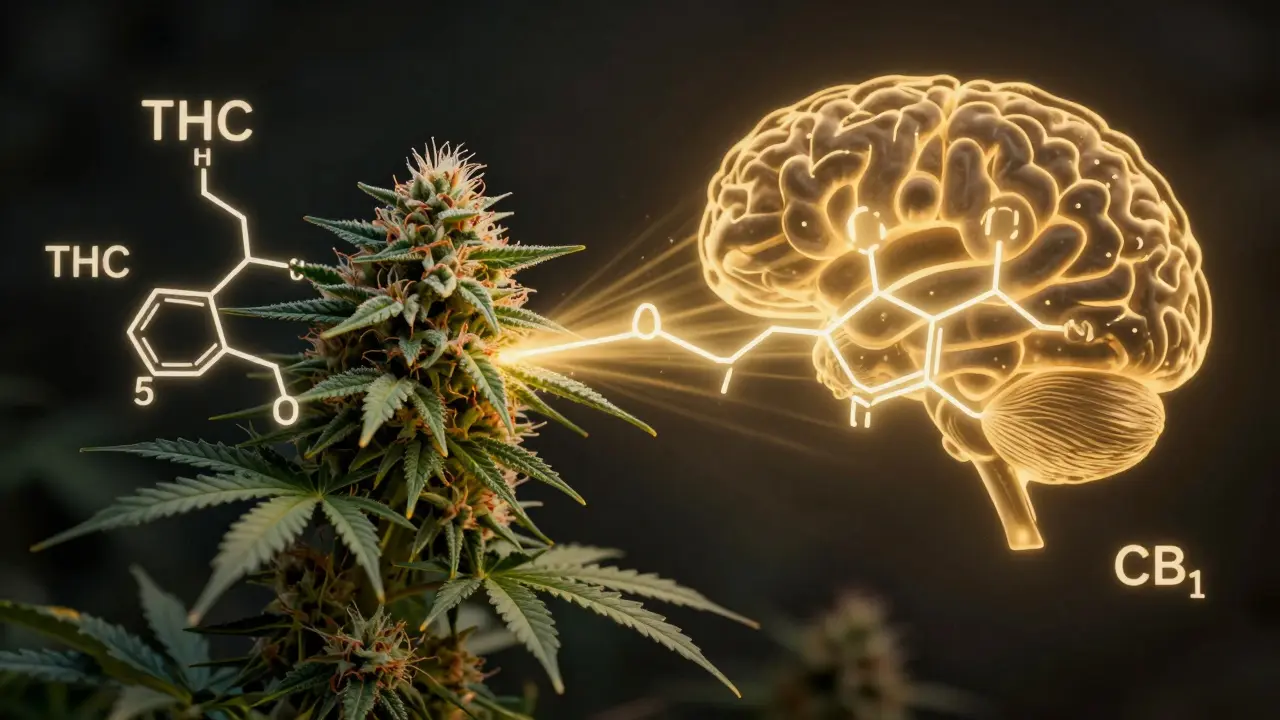 Eine Cannabispflanze mit leuchtenden chemischen Strukturen: THC mit 5- und THCP mit 7-gliedriger Seitenkette.