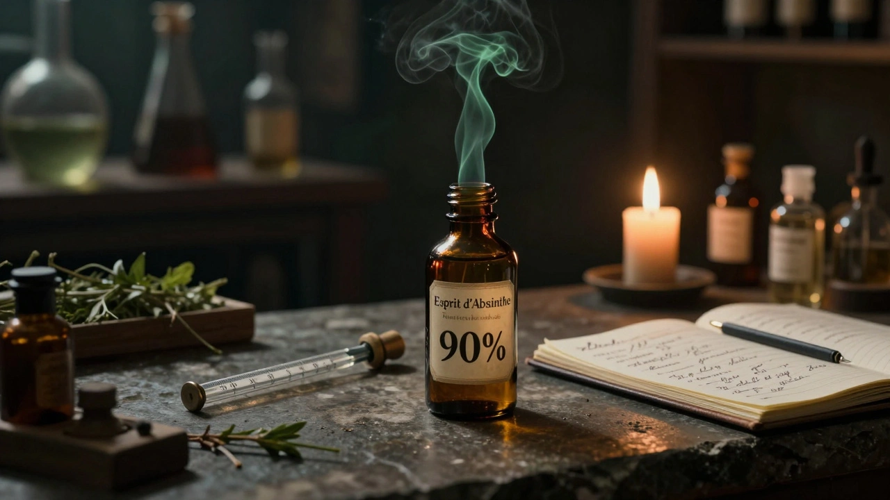 Eine Flasche 90%iger Absinthextrakt mit Pipette und Notizen in einer dunklen Werkstatt.