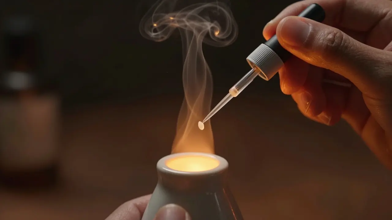 Eine Hand mit einer Nadel, die ein CBD-Kristall über eine heiße Oberfläche hält, während Dampf aufsteigt.