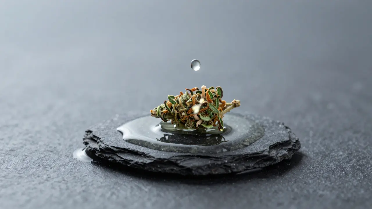 Eine HHC-Blüte in Kokosöl, mit einem fallenden Tropfen und schwebenden Partikeln.