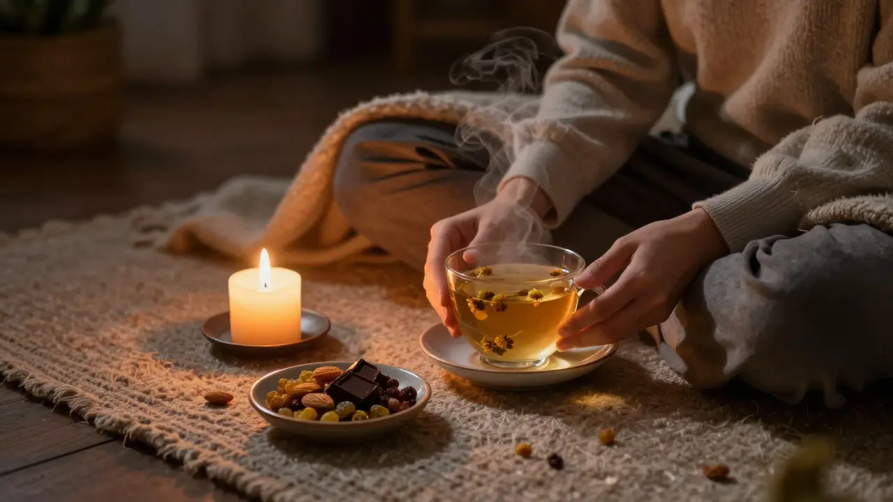 Eine Person genießt Kamillentee und kleine Snacks in ruhiger Abendatmosphäre.