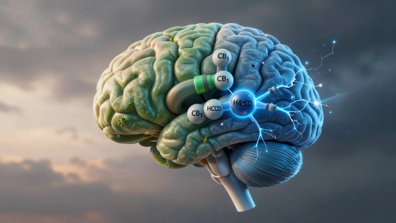 Gehirn mit natürlichen und synthetischen Cannabinoid-Wegen, neuronale Strukturen in Farbkontrasten